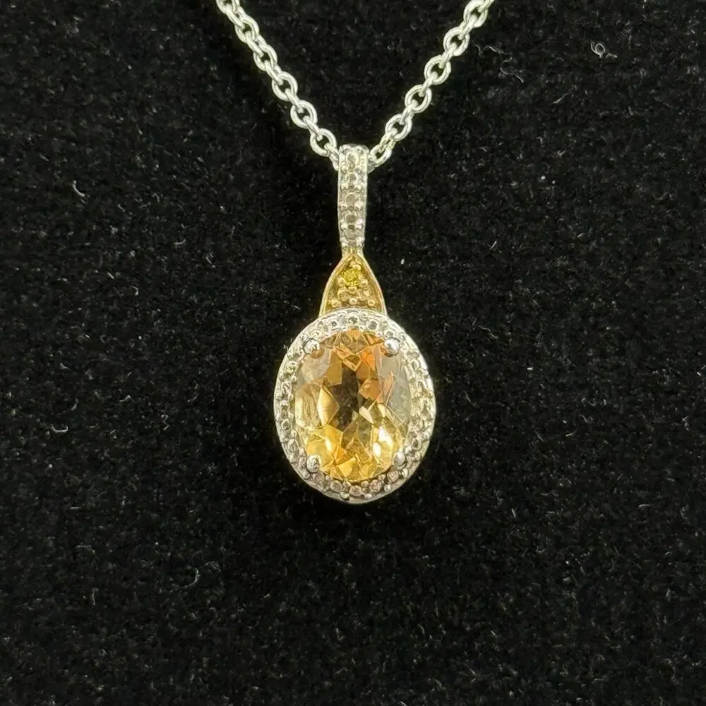 Signed STS 925 Sterling Silver Yellow Citrine Halo Pendant Necklace & Stud Earri